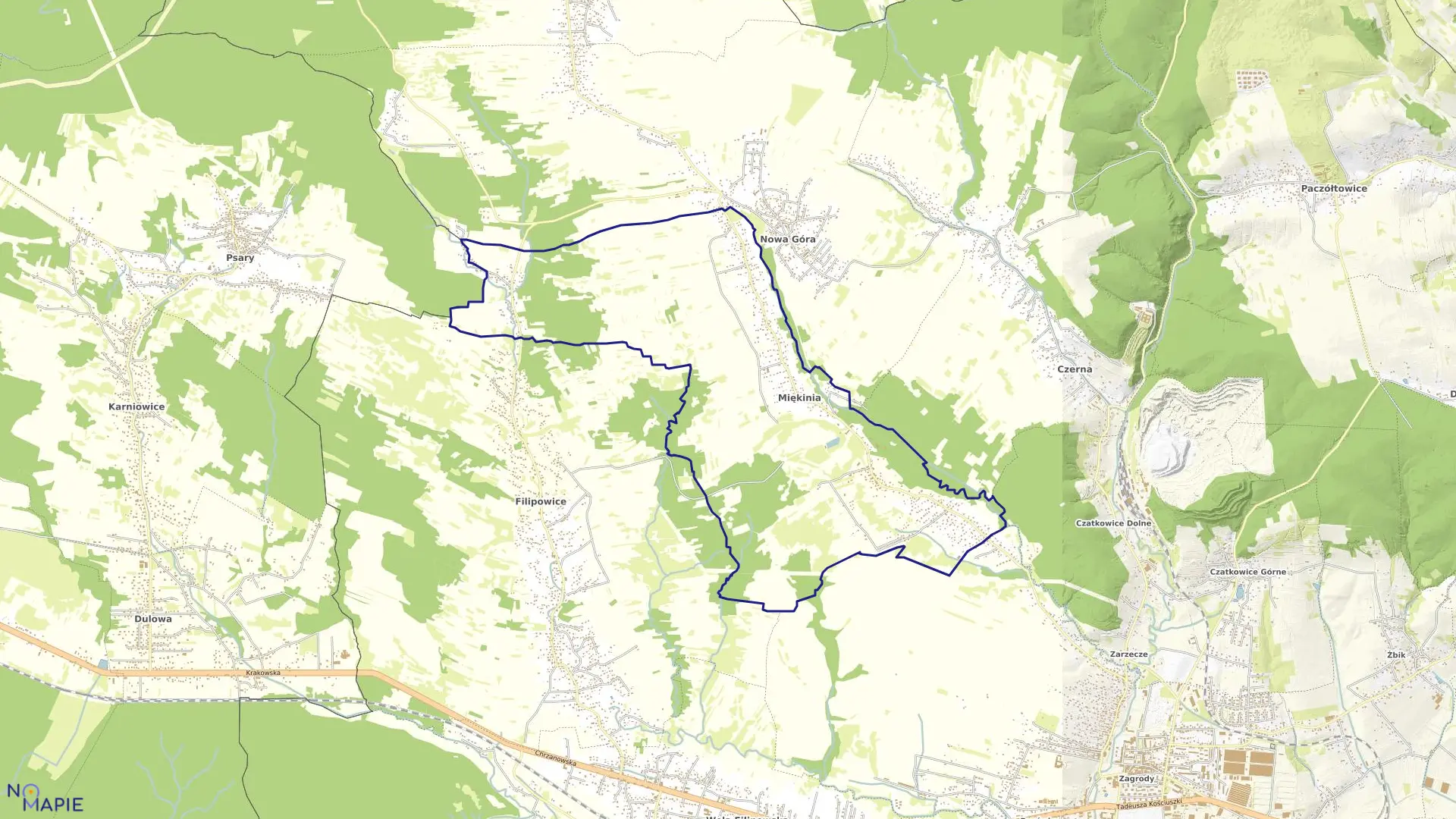 Mapa obrębu Miękinia w gminie Krzeszowice