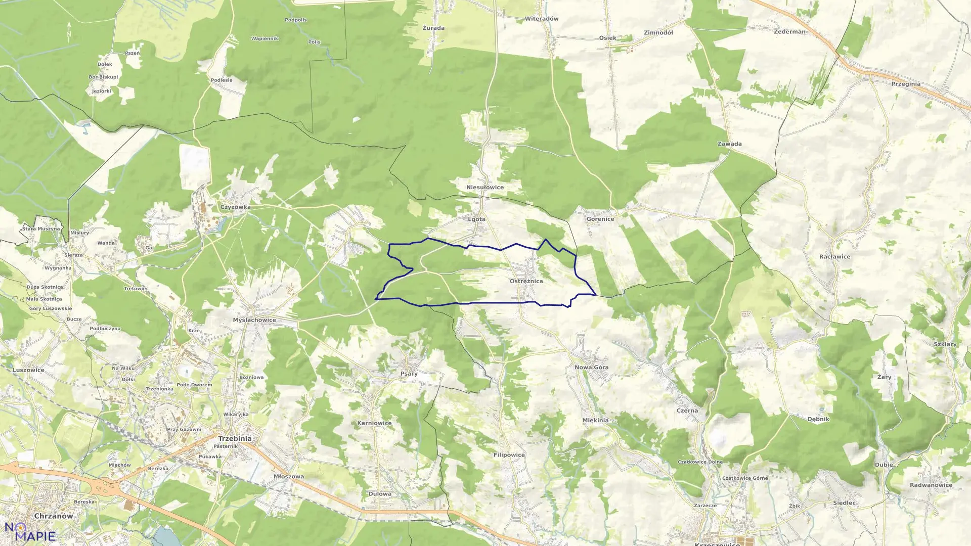 Mapa obrębu Ostrężnica w gminie Krzeszowice