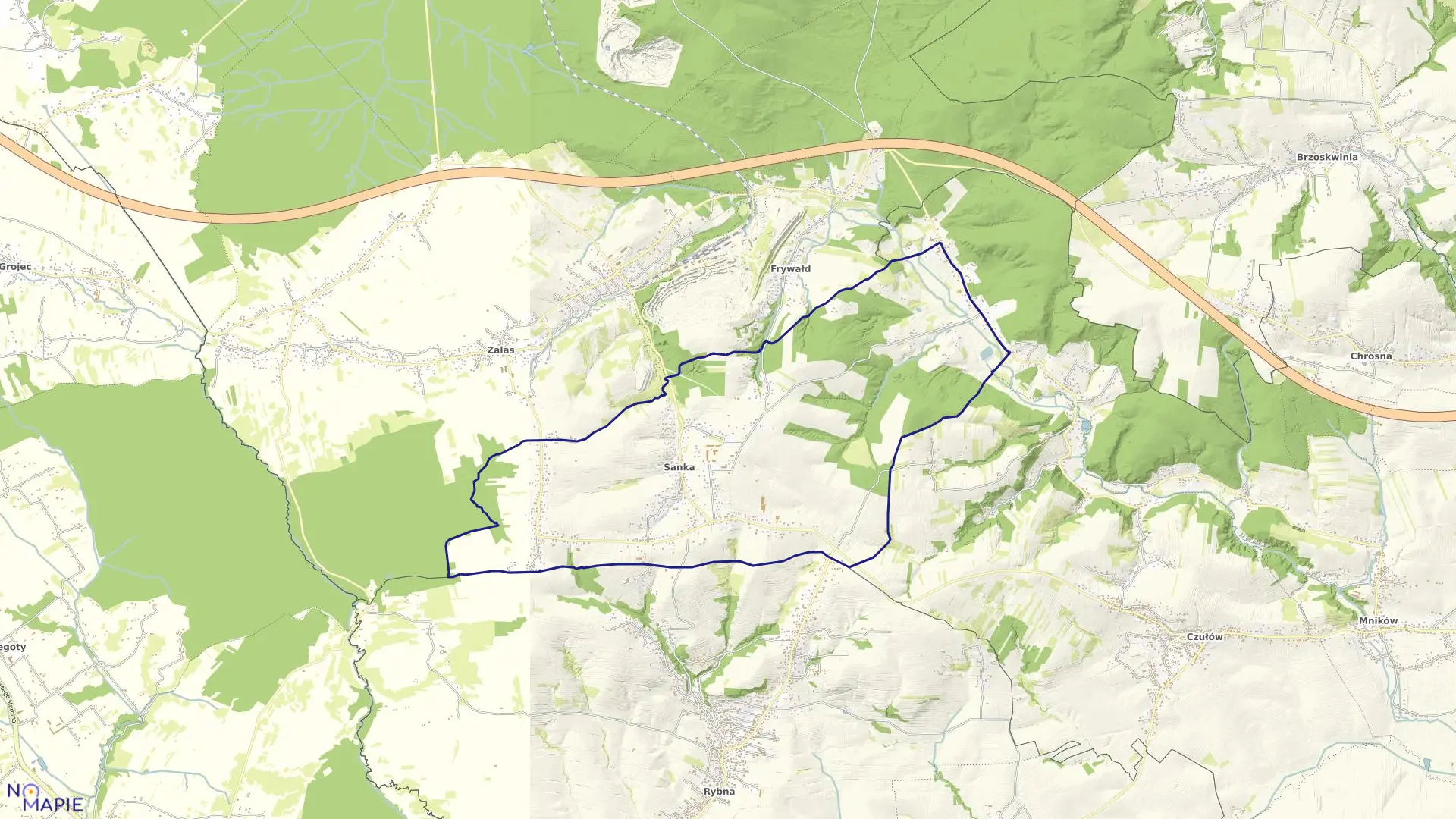 Mapa obrębu Sanka w gminie Krzeszowice